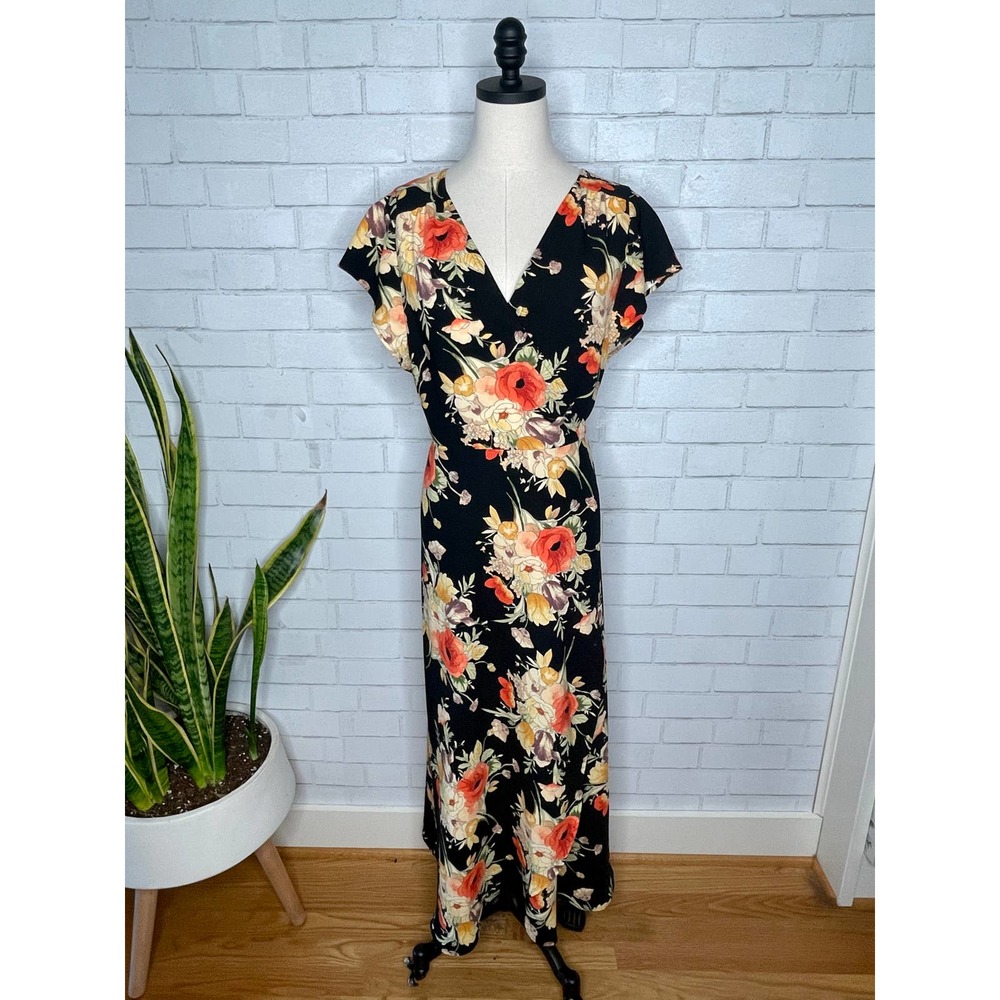 Anthropologie Dark Floral WRAP Midi "Home Spun Romance" Dress Black L 10 12 - Picture 2 of 7